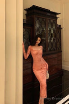 French Sheath Square Neckline Long Sleeves Pink Lace Prom Dresses Birthday Outfits