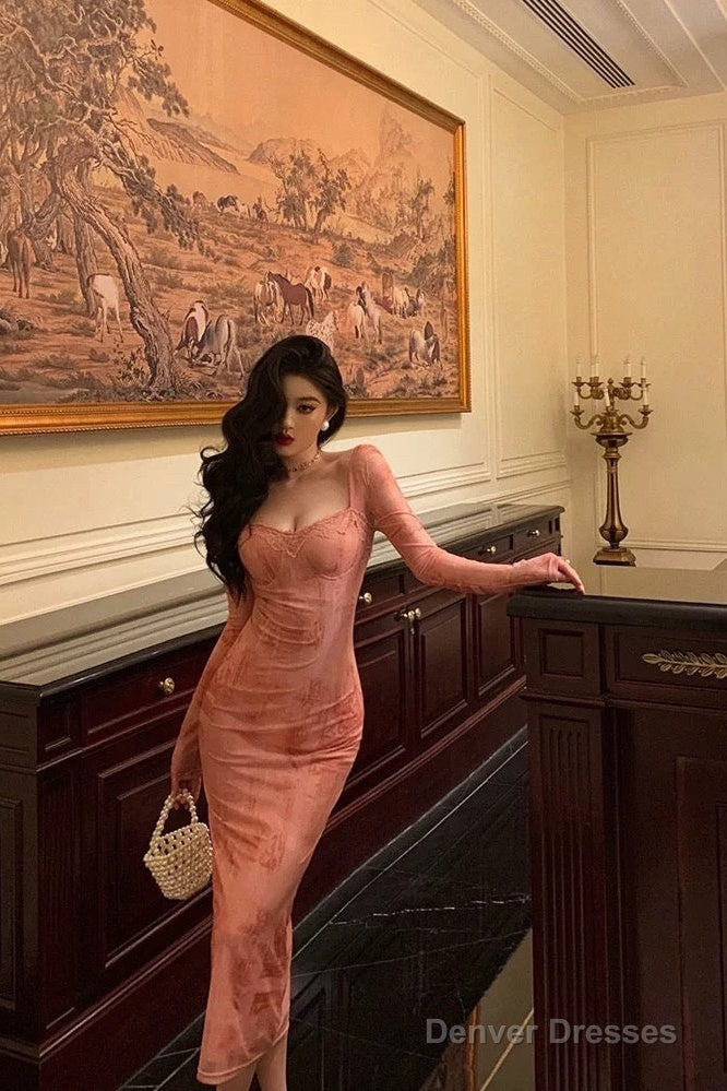 French Sheath Square Neckline Long Sleeves Pink Lace Prom Dresses Birthday Outfits Main image