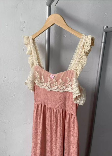 French Style Blush Pink Spaghetti Strap Square Neck Lace Jacquard Satin Prom Dress Evening Dress Secondary image