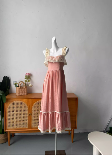 French Style Blush Pink Spaghetti Strap Square Neck Lace Jacquard Satin Prom Dress Evening Dress Main image