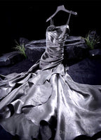 French Vintage Mermaid Spaghetti Straps Ruffles Silver Gray Prom Dresses Birthday Outfits