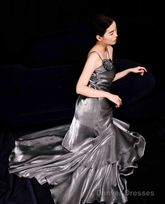 French Vintage Mermaid Spaghetti Straps Ruffles Silver Gray Prom Dresses Long Birthday Outfits Secondary image