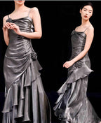 French Vintage Mermaid Spaghetti Straps Ruffles Silver Gray Prom Dresses Long Birthday Outfits