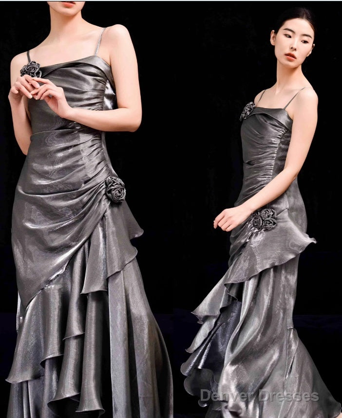 French Vintage Mermaid Spaghetti Straps Ruffles Silver Gray Prom Dresses Long Birthday Outfits