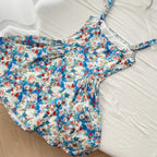 Fresh Blue Floral Waist Thin Strap Square Neck A-Line Short 16Th Birthday Homecoming Dress