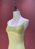 Fresh Elegant Pale Yellow Green Spaghetti Strap Lace Satin Prom Dress Evening Dress