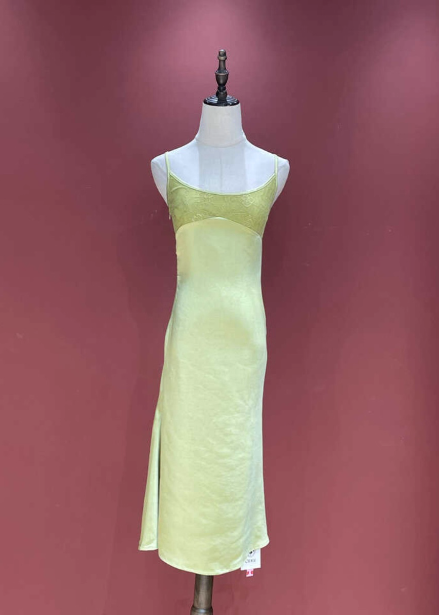 Fresh Elegant Pale Yellow Green Spaghetti Strap Lace Satin Prom Dress Evening Dress