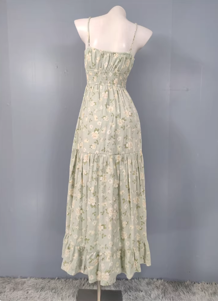 Fresh Green A-Line Spaghetti Strap V-Neck Floral Print Cotton Long Prom Dress