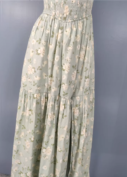 Fresh Green A-Line Spaghetti Strap V-Neck Floral Print Cotton Long Prom Dress