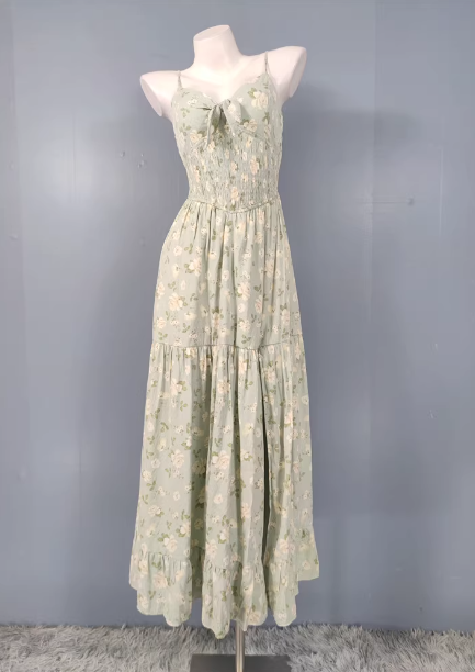 Fresh Green A-Line Spaghetti Strap V-Neck Floral Print Cotton Long Prom Dress