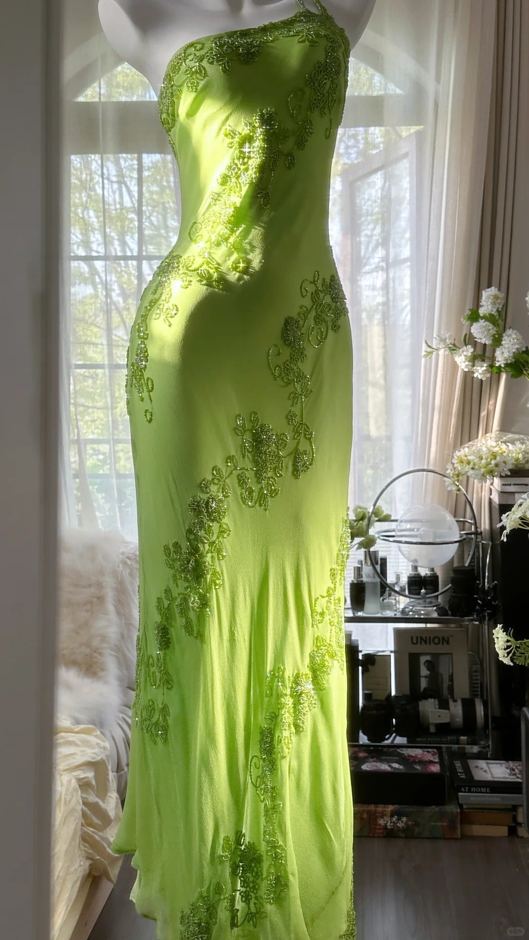 Fresh Green One Shoulder Chiffon Beaded Mermaid Evening Gown Prom Dress Secondary image