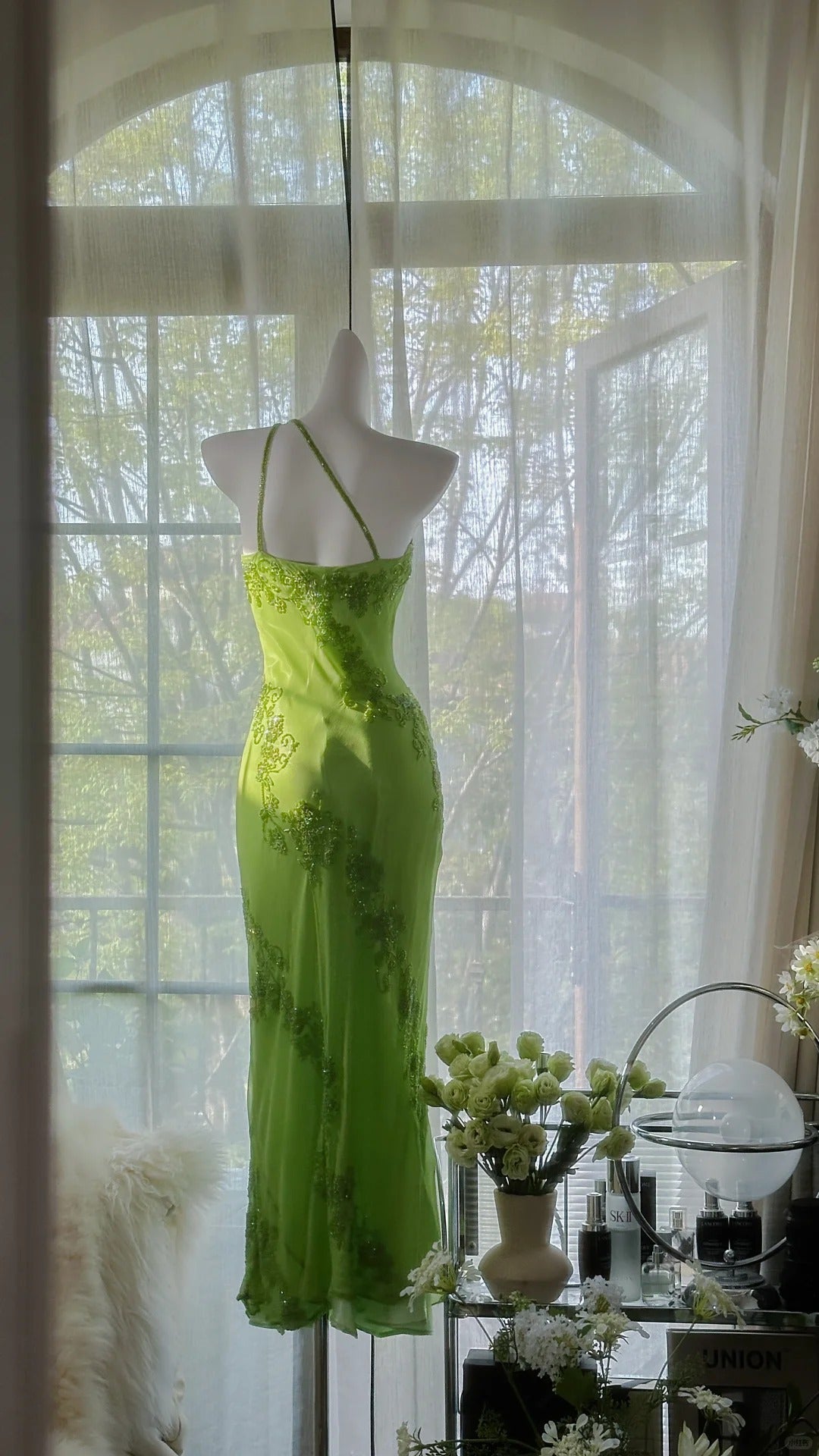Fresh Green One Shoulder Chiffon Beaded Mermaid Evening Gown Prom Dress
