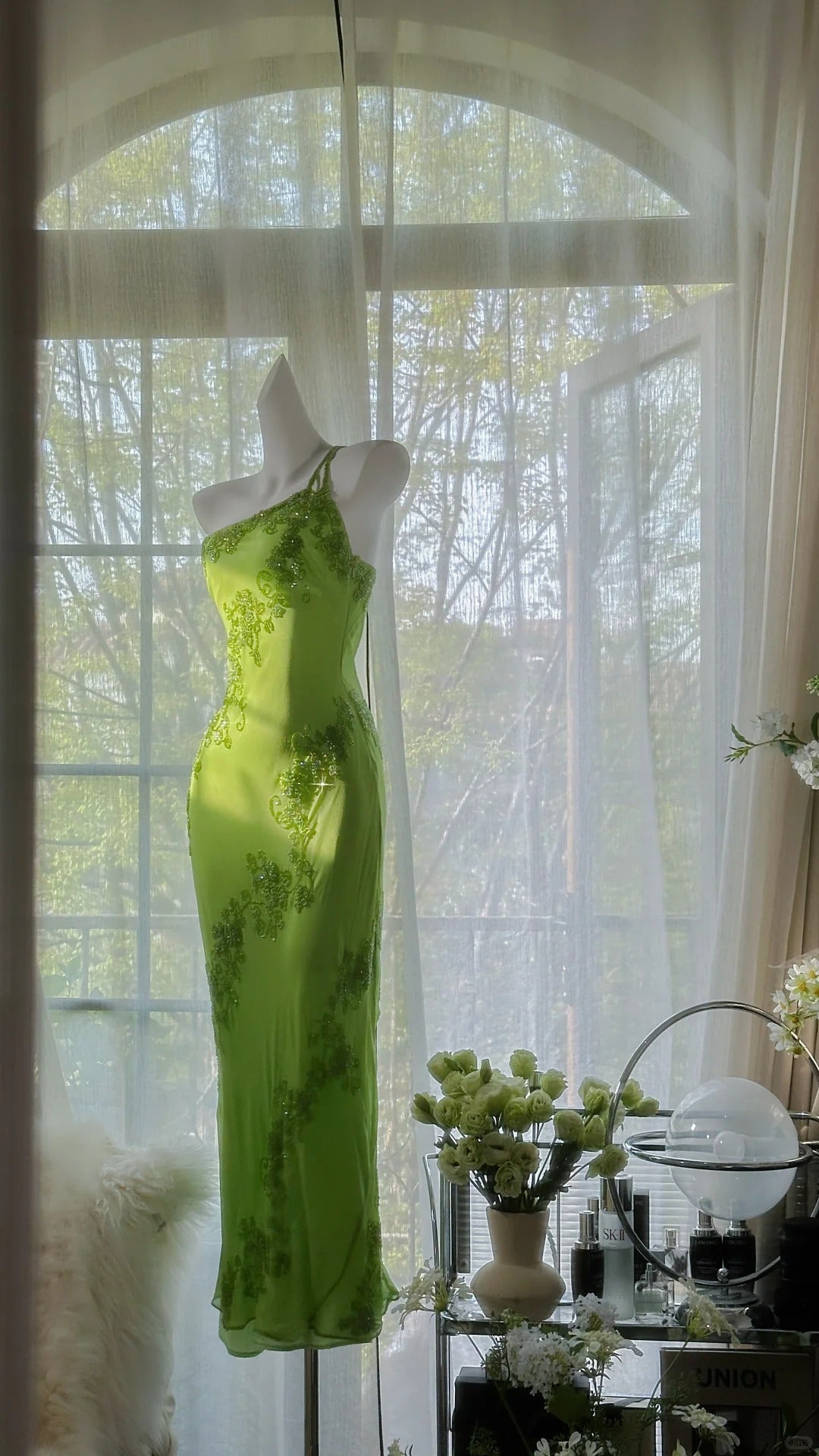 Fresh Green One Shoulder Chiffon Beaded Mermaid Evening Gown Prom Dress