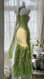 Fresh Green Simple Chiffon Ruffle Skirt Prom Dress
