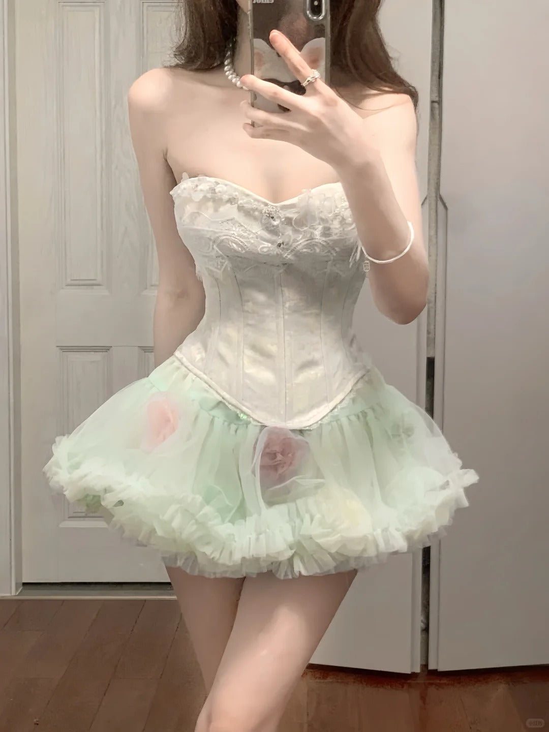 Fresh Green Tulle Herringbone Bustier Mini Homecoming Dress