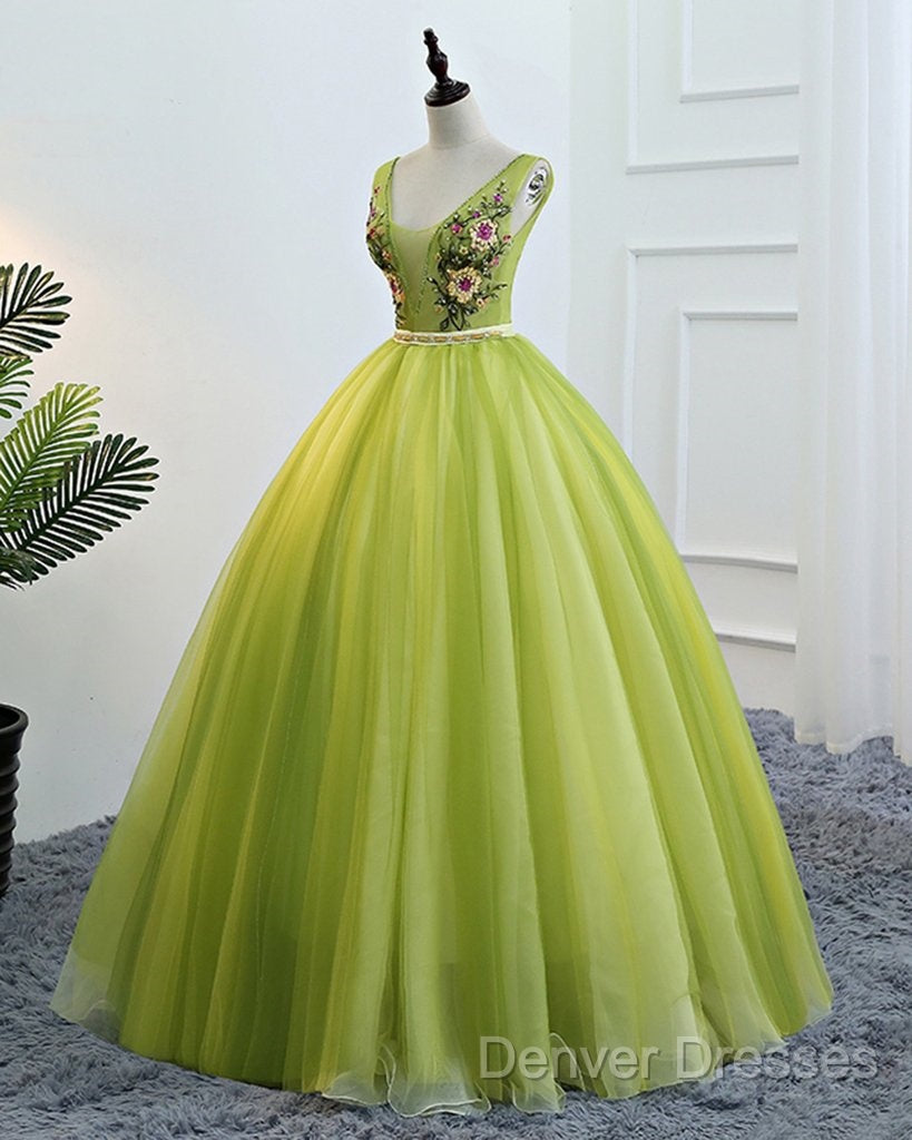 Fresh Green Tulle V Neck Long Lace Up Senior Prom Dress With Applique Secondary image