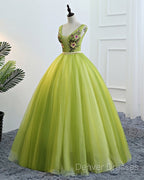 Fresh Green Tulle V Neck Long Lace Up Senior Prom Dress With Applique