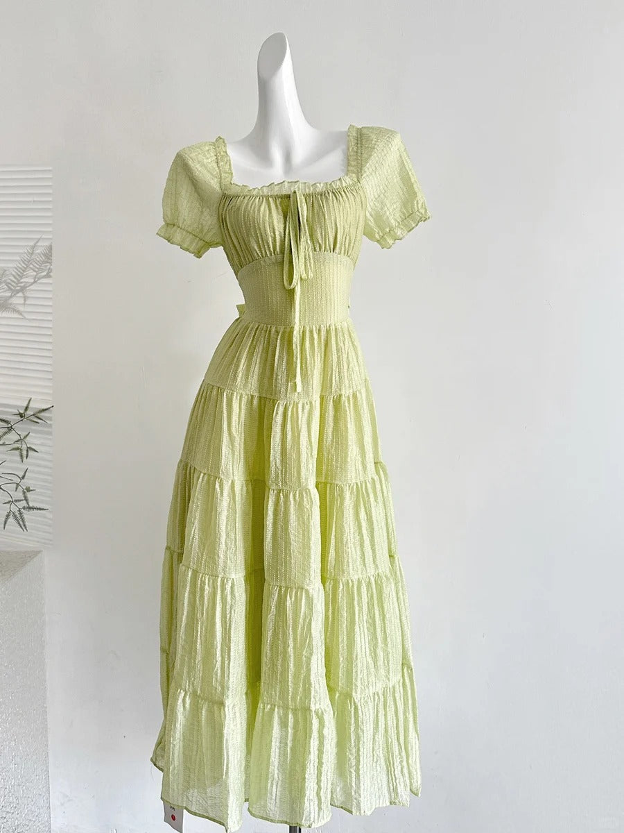 Fresh Light Green A-Line Short-Sleeved Back Hollow Long Prom Dress Bridesmaid Dress Secondary image