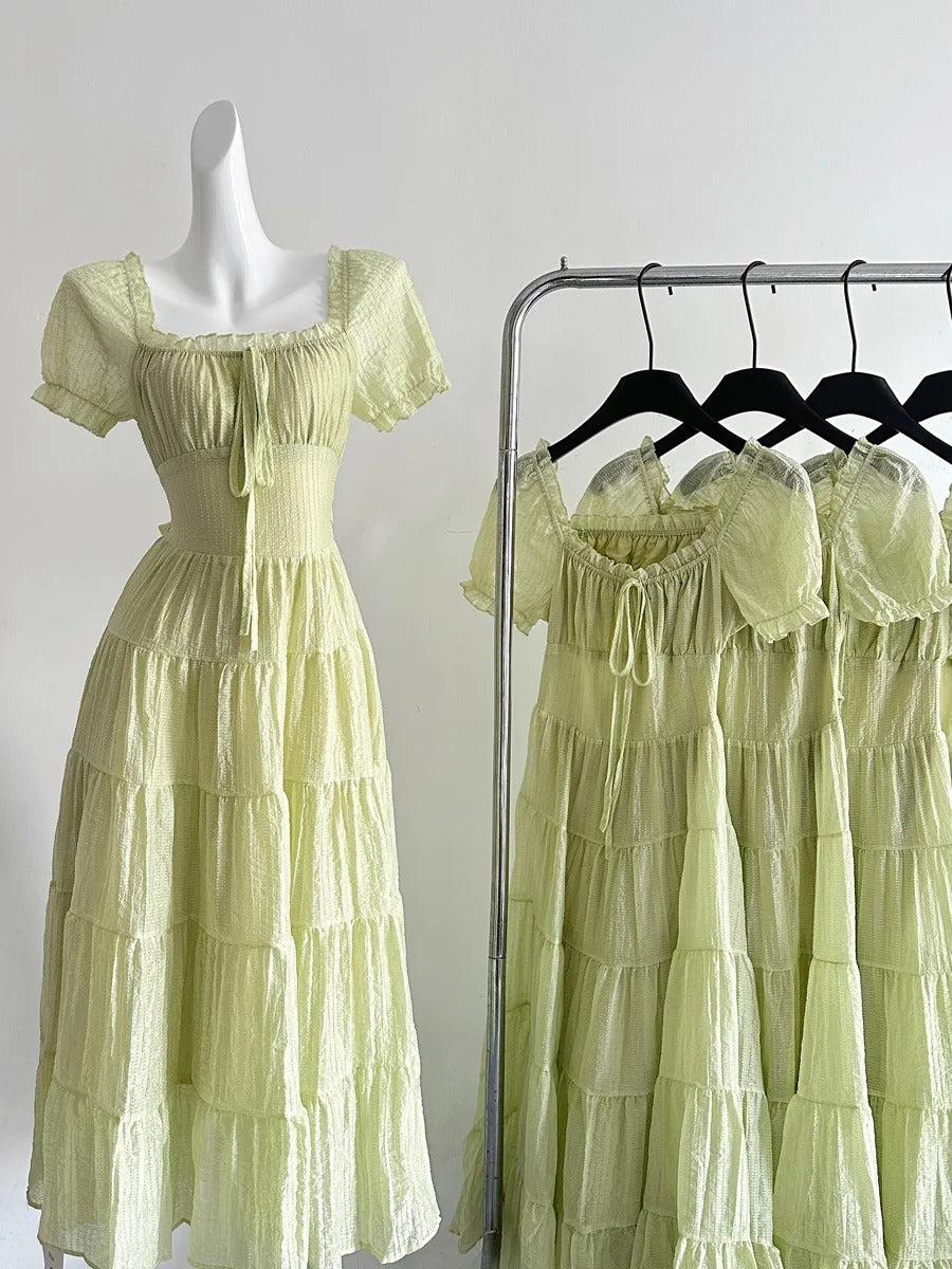 Fresh Light Green A-Line Short-Sleeved Back Hollow Long Prom Dress Bridesmaid Dress