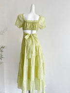 Fresh Light Green A-Line Short-Sleeved Back Hollow Long Prom Dress Bridesmaid Dress