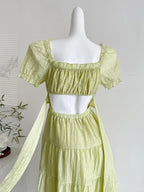 Fresh Light Green A-Line Short-Sleeved Back Hollow Long Prom Dress Bridesmaid Dress