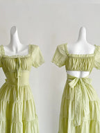 Fresh Light Green A-Line Short-Sleeved Back Hollow Long Prom Dress Bridesmaid Dress
