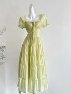 Fresh Light Green A-Line Short-Sleeved Back Hollow Long Prom Dress Bridesmaid Dress