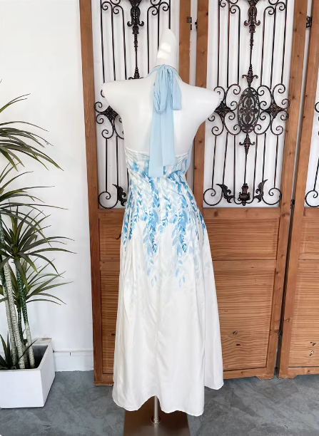 Fresh Printed A-Line Halter Neck Satin Long Prom Dress Evening Dress