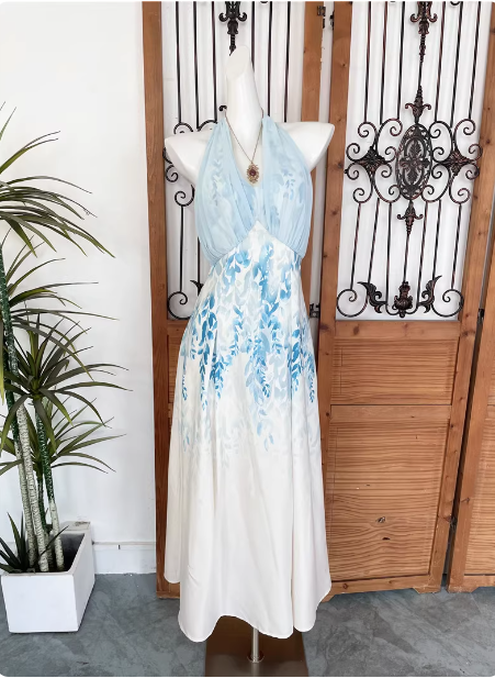 Fresh Printed A-Line Halter Neck Satin Long Prom Dress Evening Dress Main image