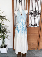 Fresh Printed A-Line Halter Neck Satin Long Prom Dress Evening Dress