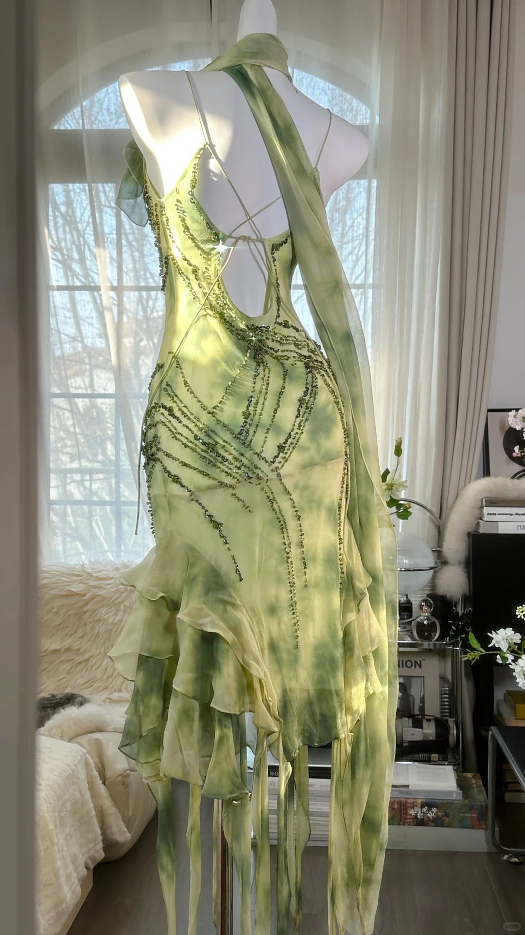 Fresh Rendering Green Beaded Chiffon Irregular Skirt Prom Dress Secondary image