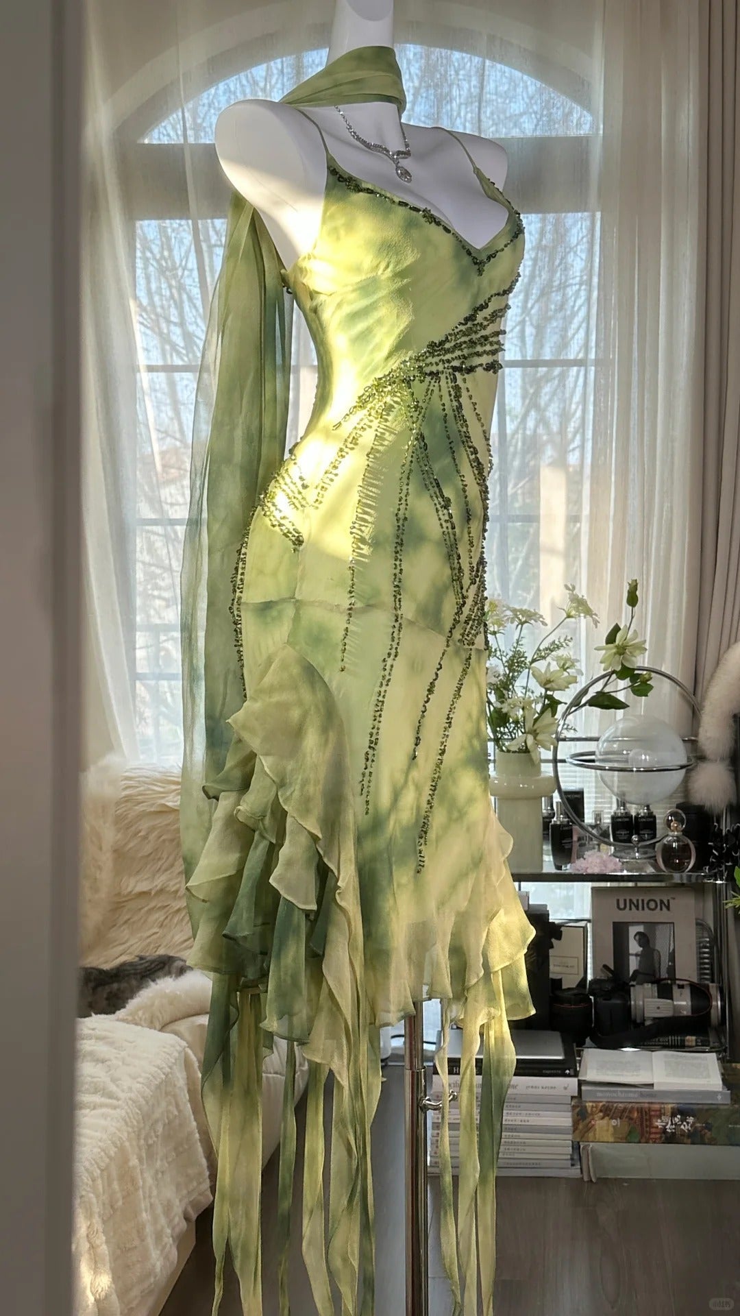 Fresh Rendering Green Beaded Chiffon Irregular Skirt Prom Dress