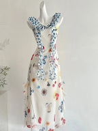 Fresh White Background Colorful Floral V-Neck Ruffle Waist Chiffon Long Prom Dress Evening Dress