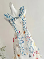 Fresh White Background Colorful Floral V-Neck Ruffle Waist Chiffon Long Prom Dress Evening Dress