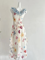 Fresh White Background Colorful Floral V-Neck Ruffle Waist Chiffon Long Prom Dress Evening Dress