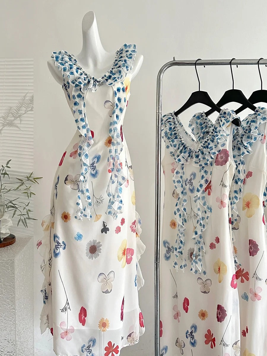 Fresh White Background Colorful Floral V-Neck Ruffle Waist Chiffon Long Prom Dress Evening Dress