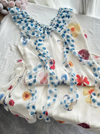 Fresh White Background Colorful Floral V-Neck Ruffle Waist Chiffon Long Prom Dress Evening Dress