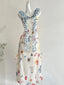 Fresh White Background Colorful Floral V-Neck Ruffle Waist Chiffon Long Prom Dress Evening Dress