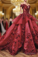 Ball Gown Off the Shoulder Prom Dress with Beading, Puffy Long Quinceanera Dress