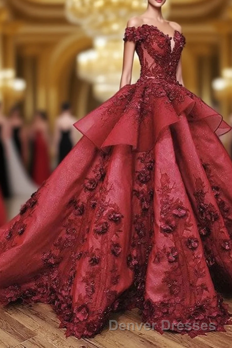 Ball Gown Off the Shoulder Prom Dress with Beading, Puffy Long Quinceanera Dress