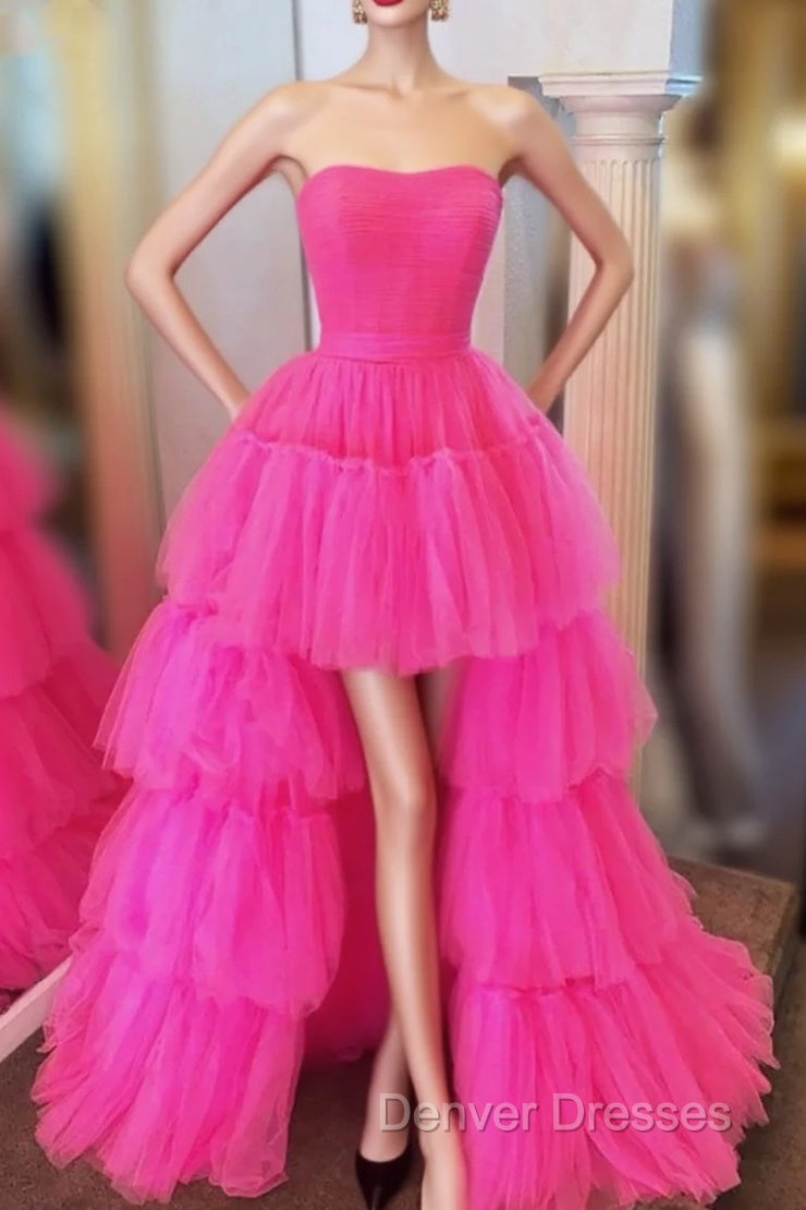 Fuchsia A-line High Low Strapless Tulle Prom Dress with Ruffles Main image