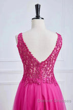 Fuchsia A-Line Long Prom Dress Plunging V Neck Floral