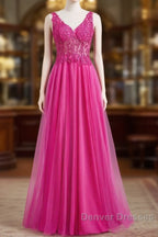 Fuchsia A-Line Long Prom Dress Plunging V Neck Floral