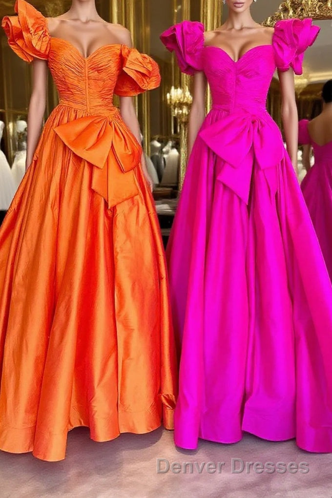 Fuchsia A Line Long Prom Dress with Puff Sleeves Main image