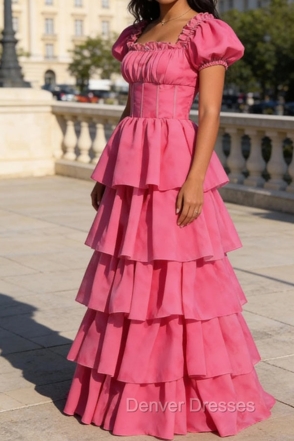 Fuchsia A Line Square Neck Tiered Prom Dress With Ruffles