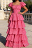 Fuchsia A Line Square Neck Tiered Prom Dress With Ruffles