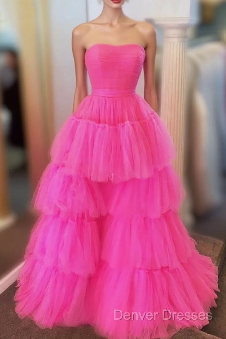 Fuchsia A-line Strapless Tulle Prom Dress with Ruffles