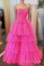 Fuchsia A-line Strapless Tulle Prom Dress with Ruffles