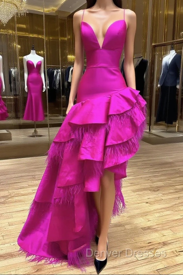 Fuchsia A Line V Neck Irregular Long Prom Dress