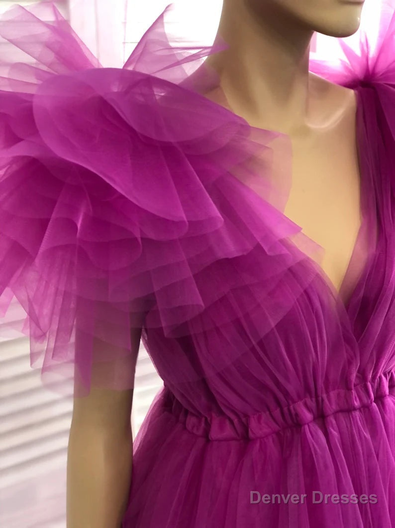 Fuchsia A-line V Neck Tulle Prom Dress Secondary image